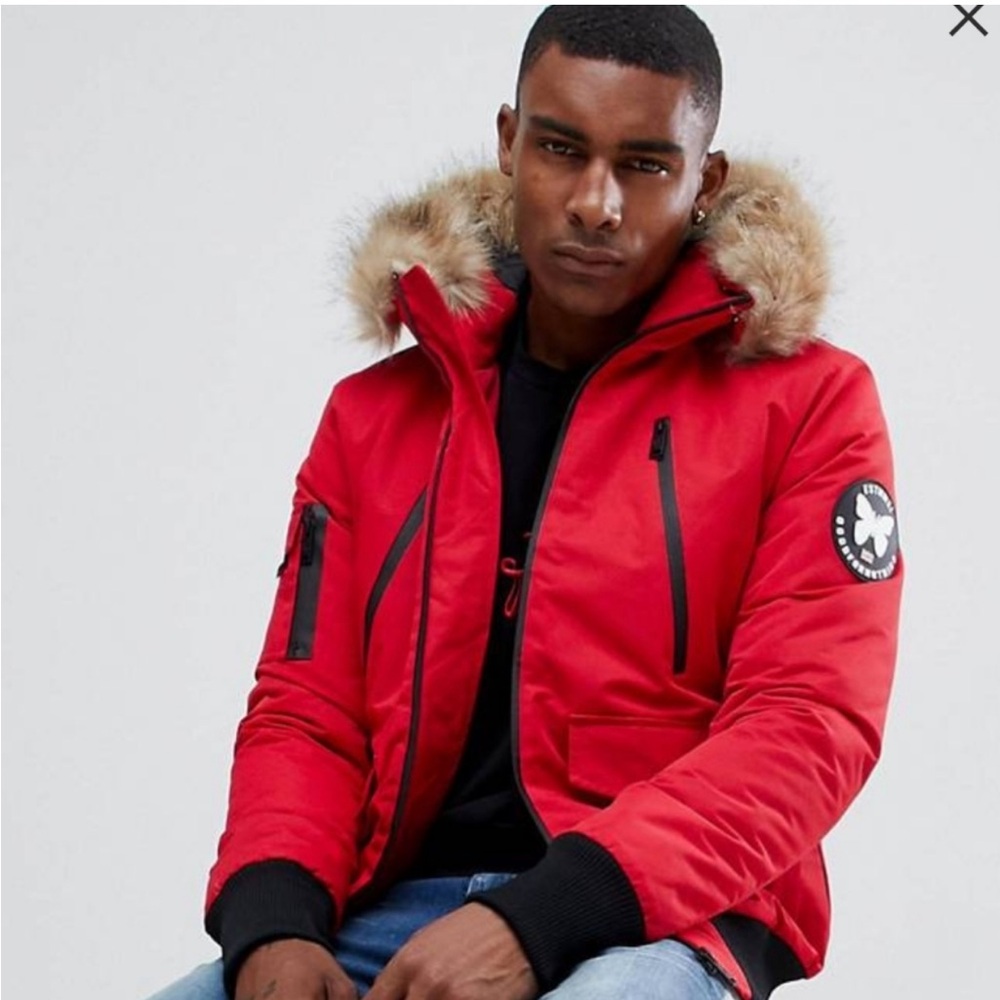 Red bomber faux coat. Size Large. Brand new no tags